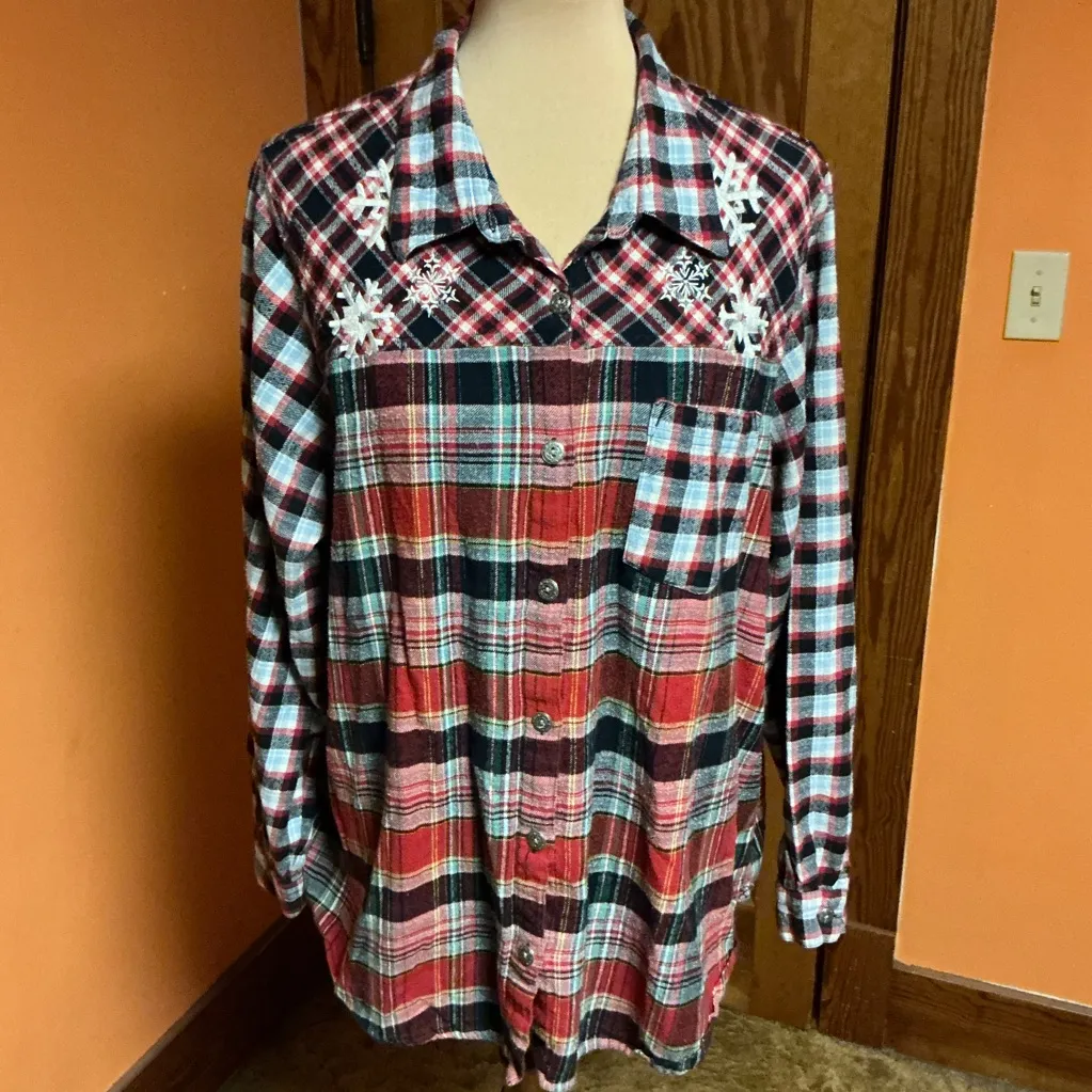 Women’s Patchwork Plaid Flannel Shirt Button Up Boho Top Red Size 3X - Image 7