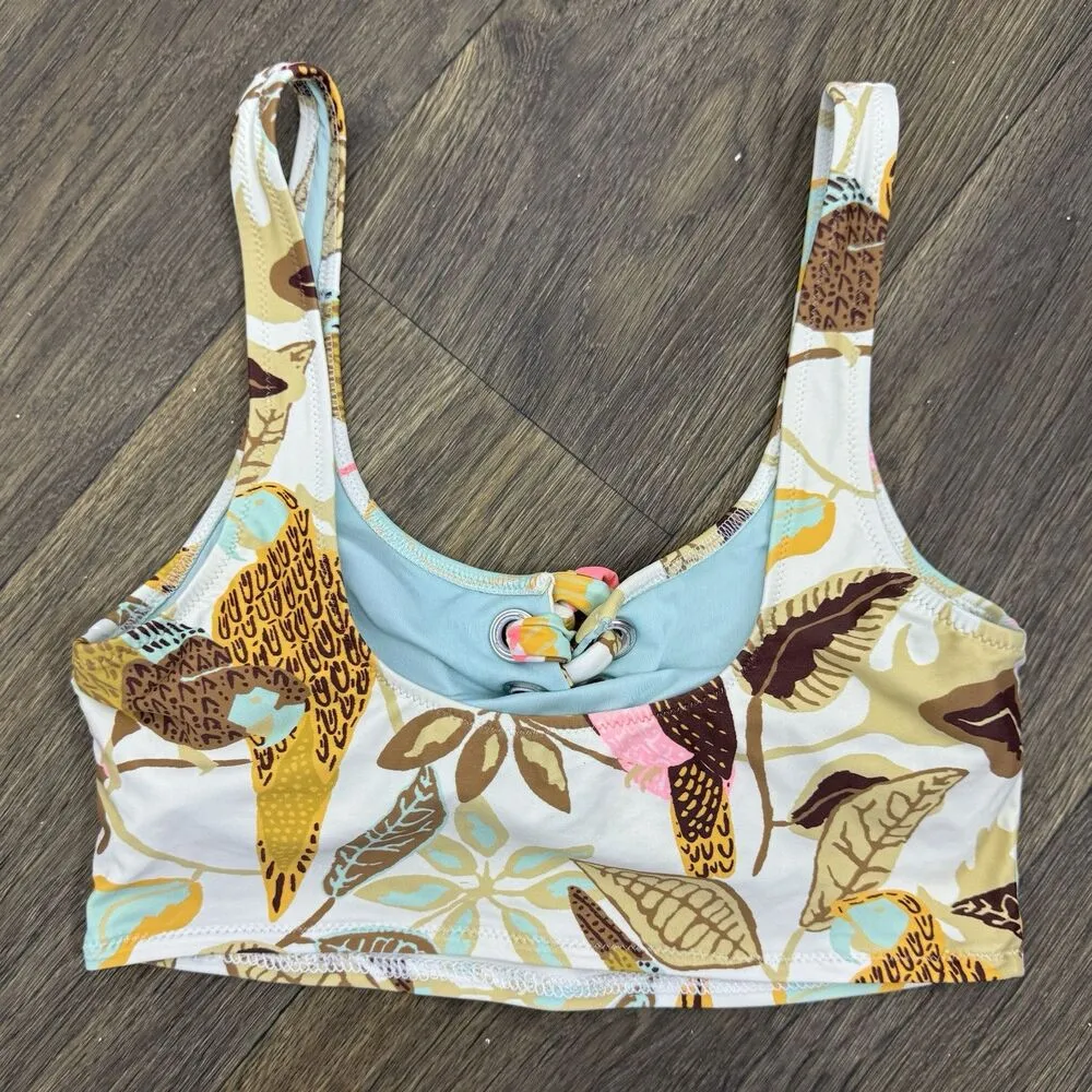 Aerie Grommet Longline Scoop Bikini Top Small Multicolor Tropical Lace Up Padded White - Image 2