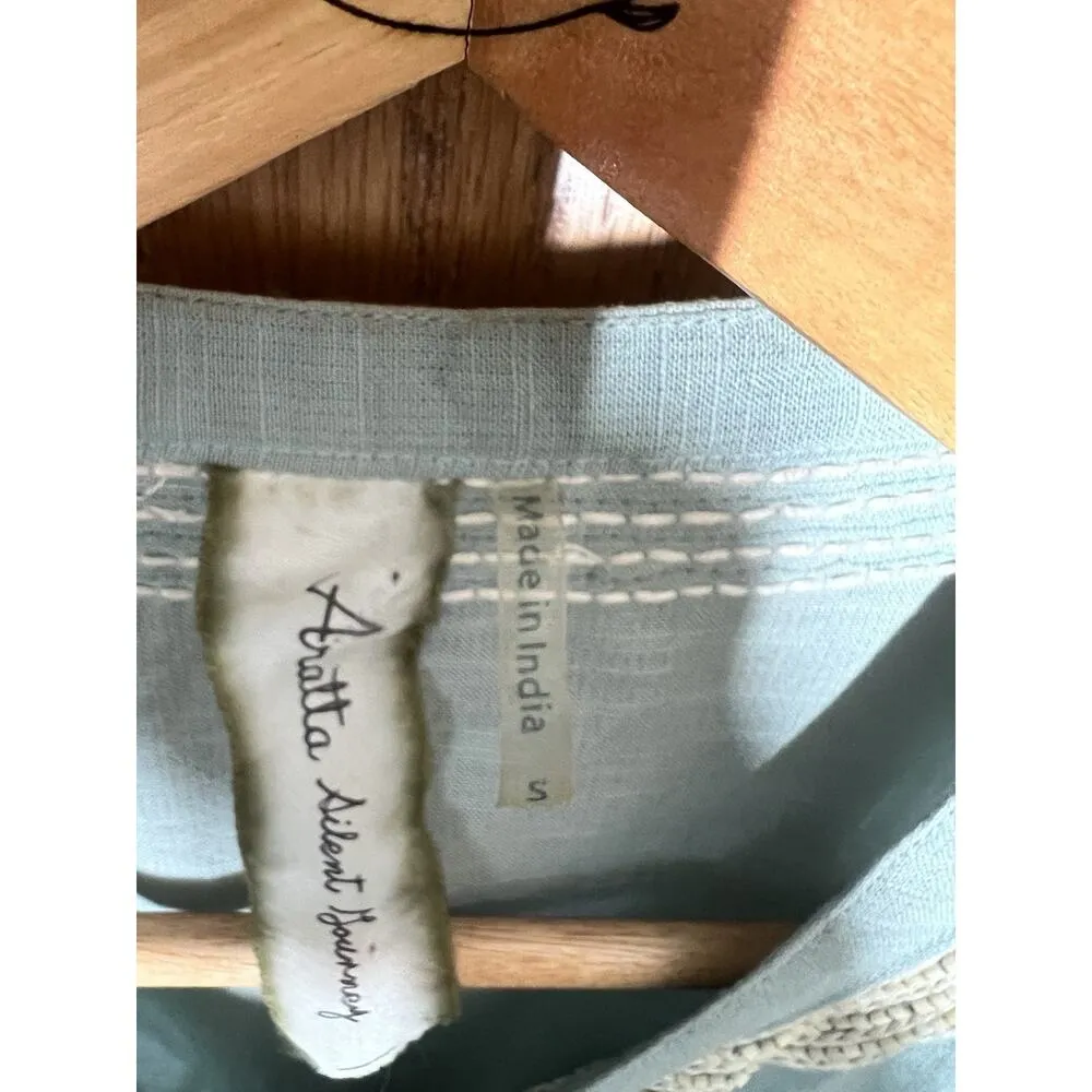 Aratta Silent Journey Embroidered Beaded Tunic Top Small Button Front Tassels Green - Image 2