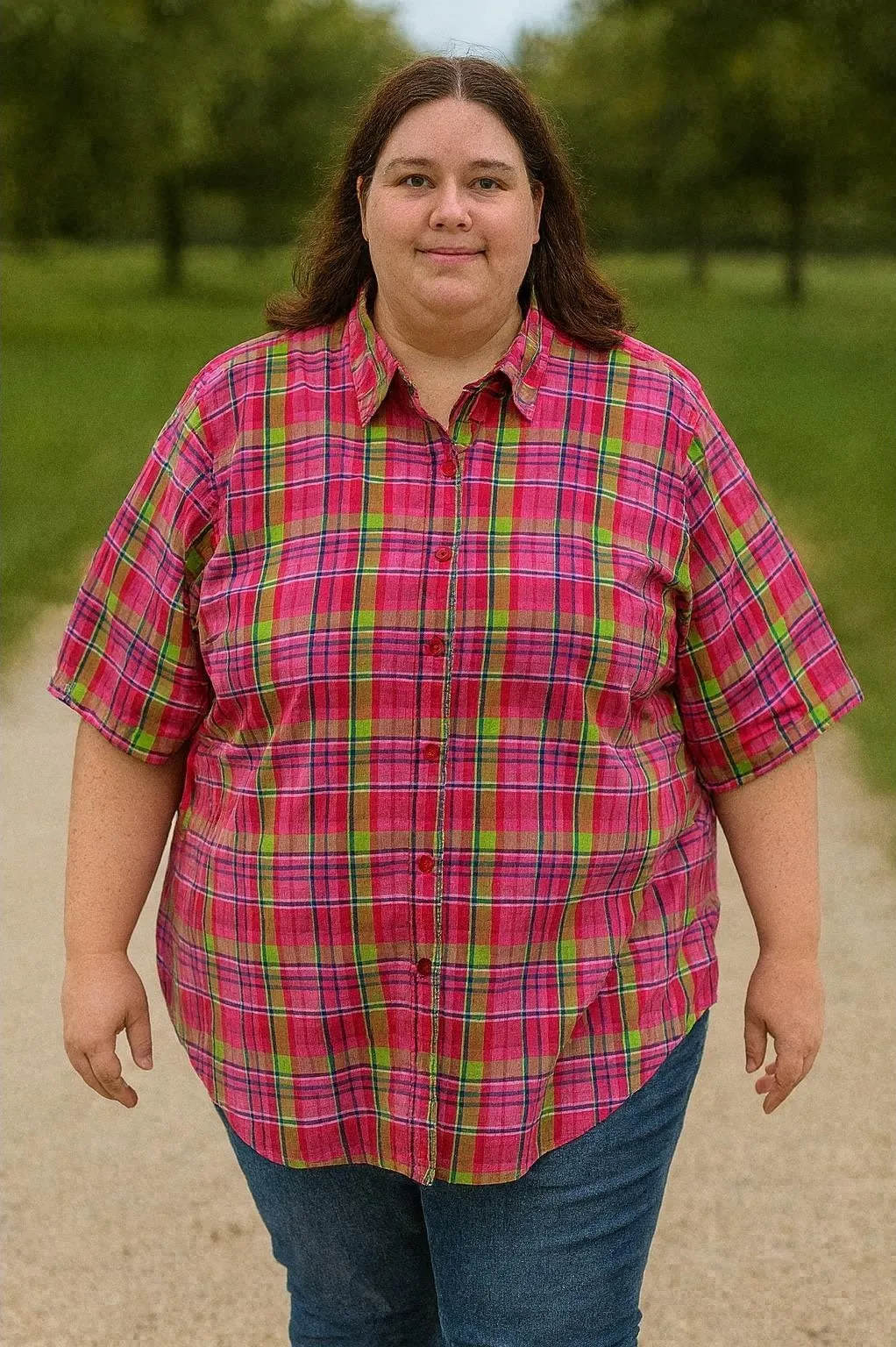 VTG Carolina Colours Plus Women 18W Pink Plaid Button Down Shirt Casual MomCore Size 16W - Image 1