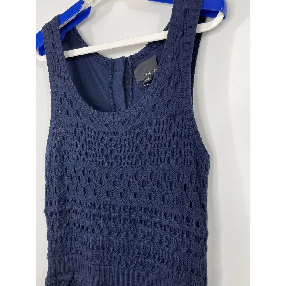 Greylin Anthro Blue Crochet Sleeveless Dress Size Medium Scoop Neck Back Buttons - Image 4