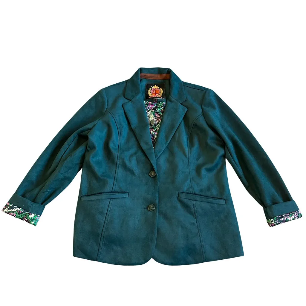Isaac Mizrahi Estate Emerald Green Blazer Jacket Faux Suede Button-Down Medium P - Image 2