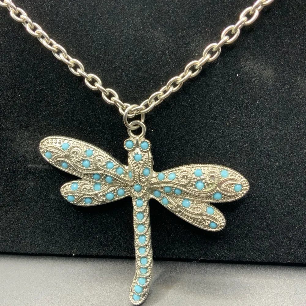 Large dragonfly pendant necklace silver tone 17” - Image 2
