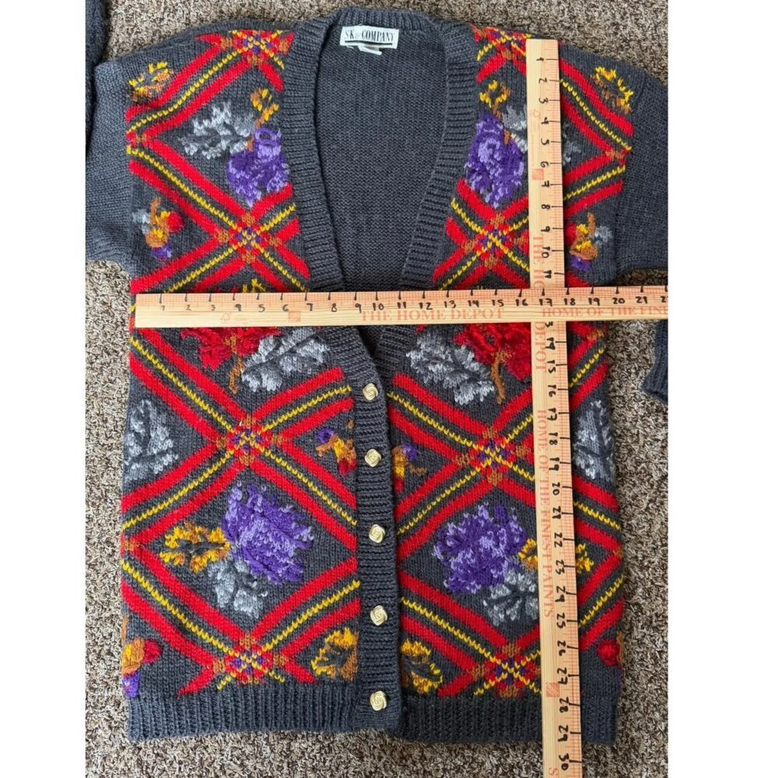 Vintage SK & Company Wool Blend Floral Duster Cardigan Sweater L Boho 80s Gray Size L - Image 8