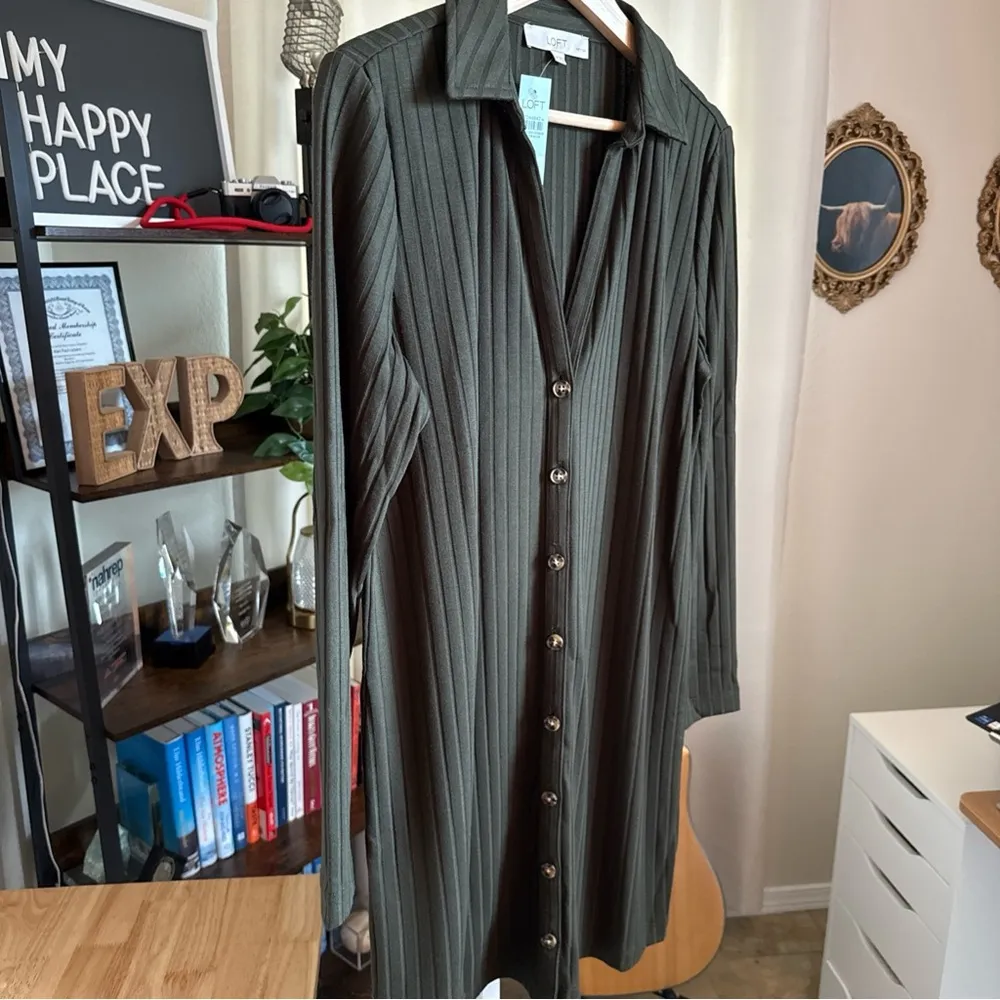 Loft Women’s Ribbed Mini Shirt Dress Green Size 12P NWT $42 - Image 4