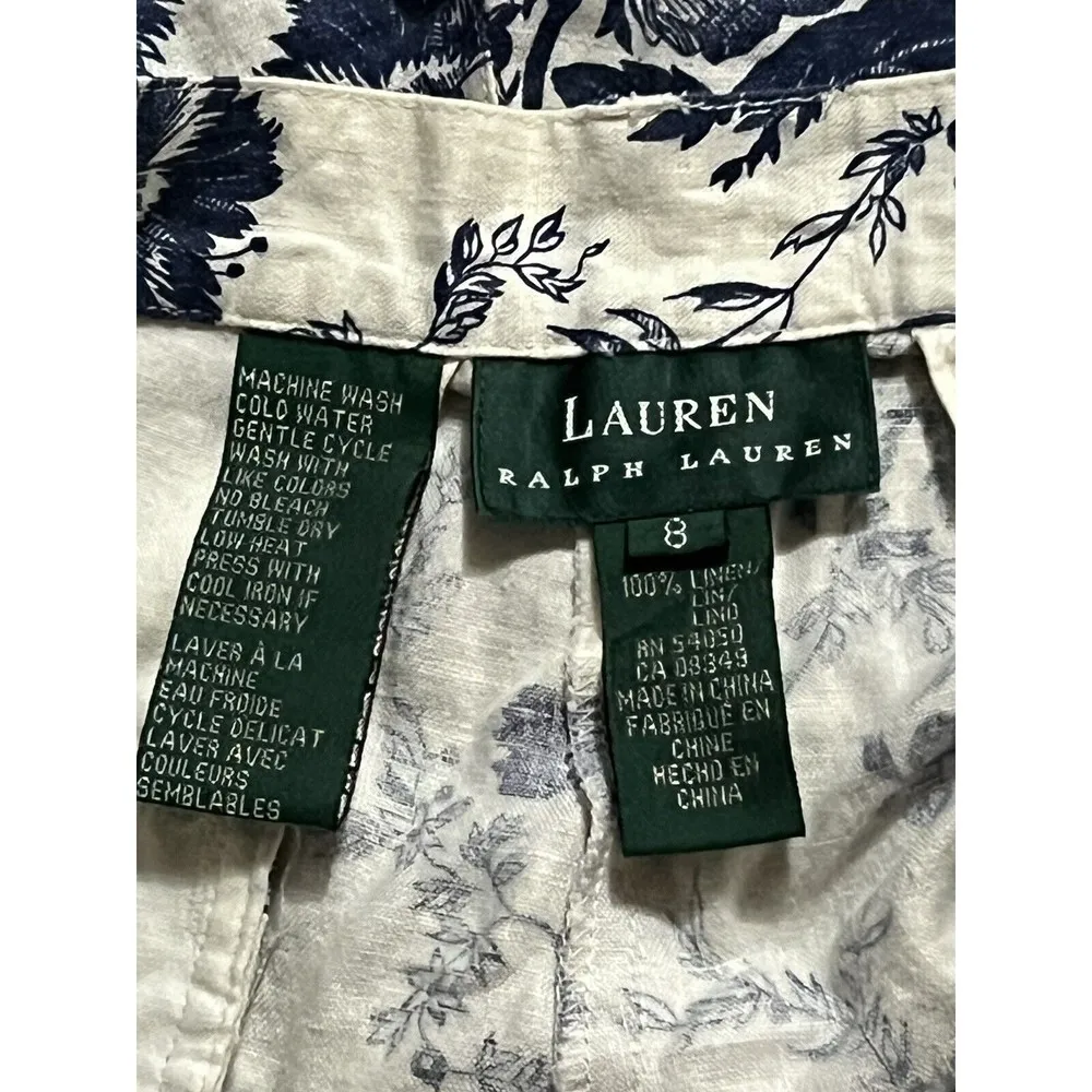 VTG Lauren Ralph Lauren Women's SZ 8 Blue/White Cottagecore Floral Linen Shorts - Image 3