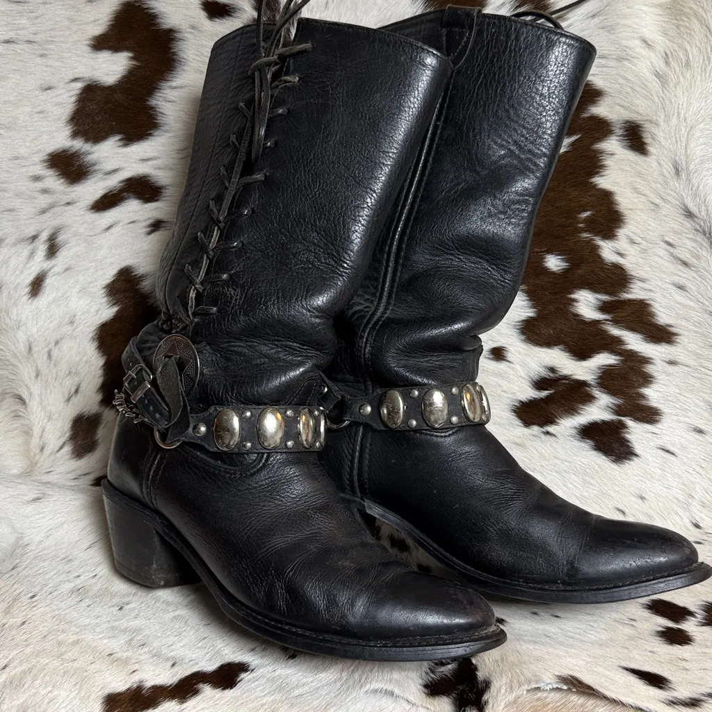 Double H Boots Vintage Leather Harness USA Made Round Toe Rugged Moto T1 Black Size 9 - Image 6