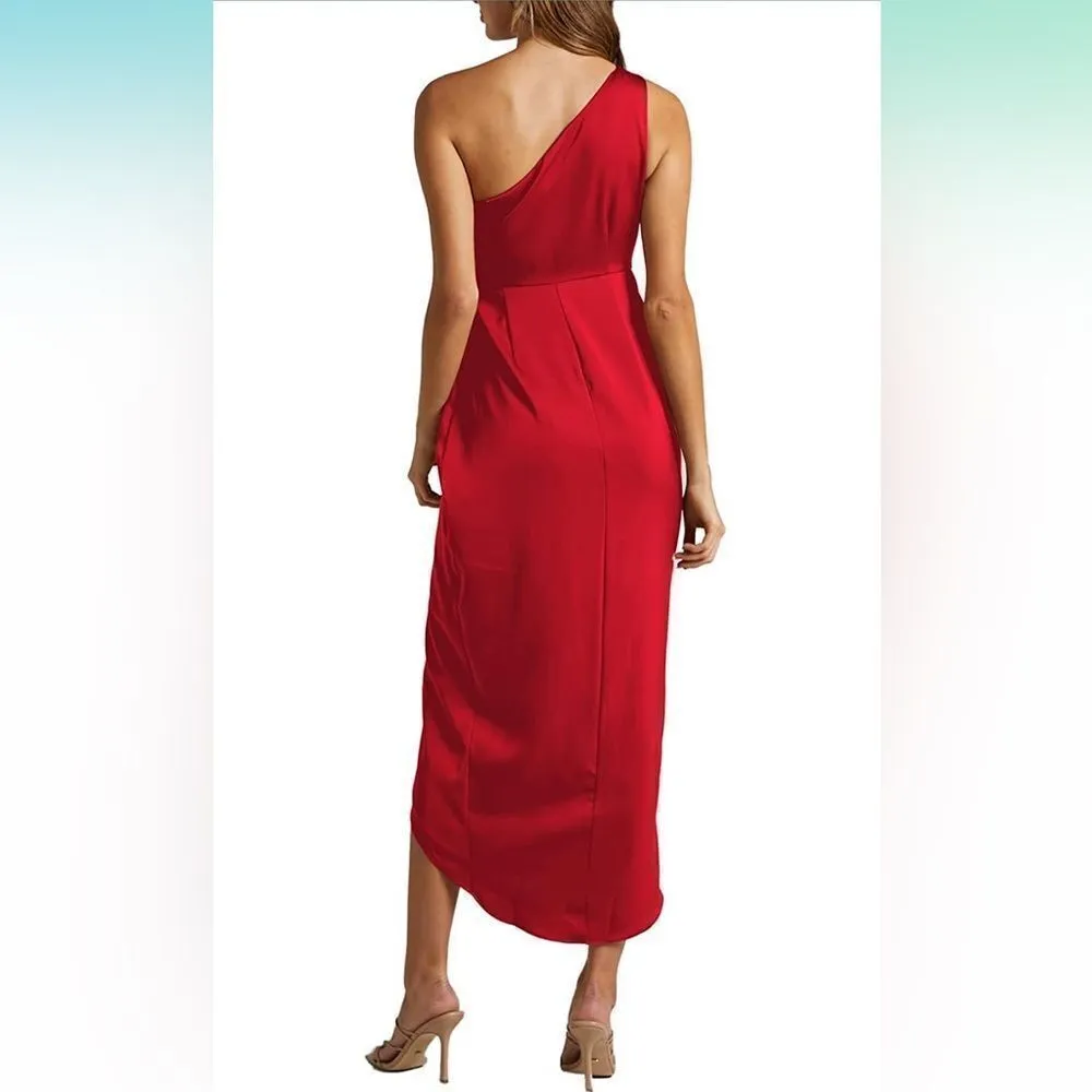 NEW Satin 1 Shoulder Ruched Slit Split Wrap Midi Dress M Red Size M - Image 2