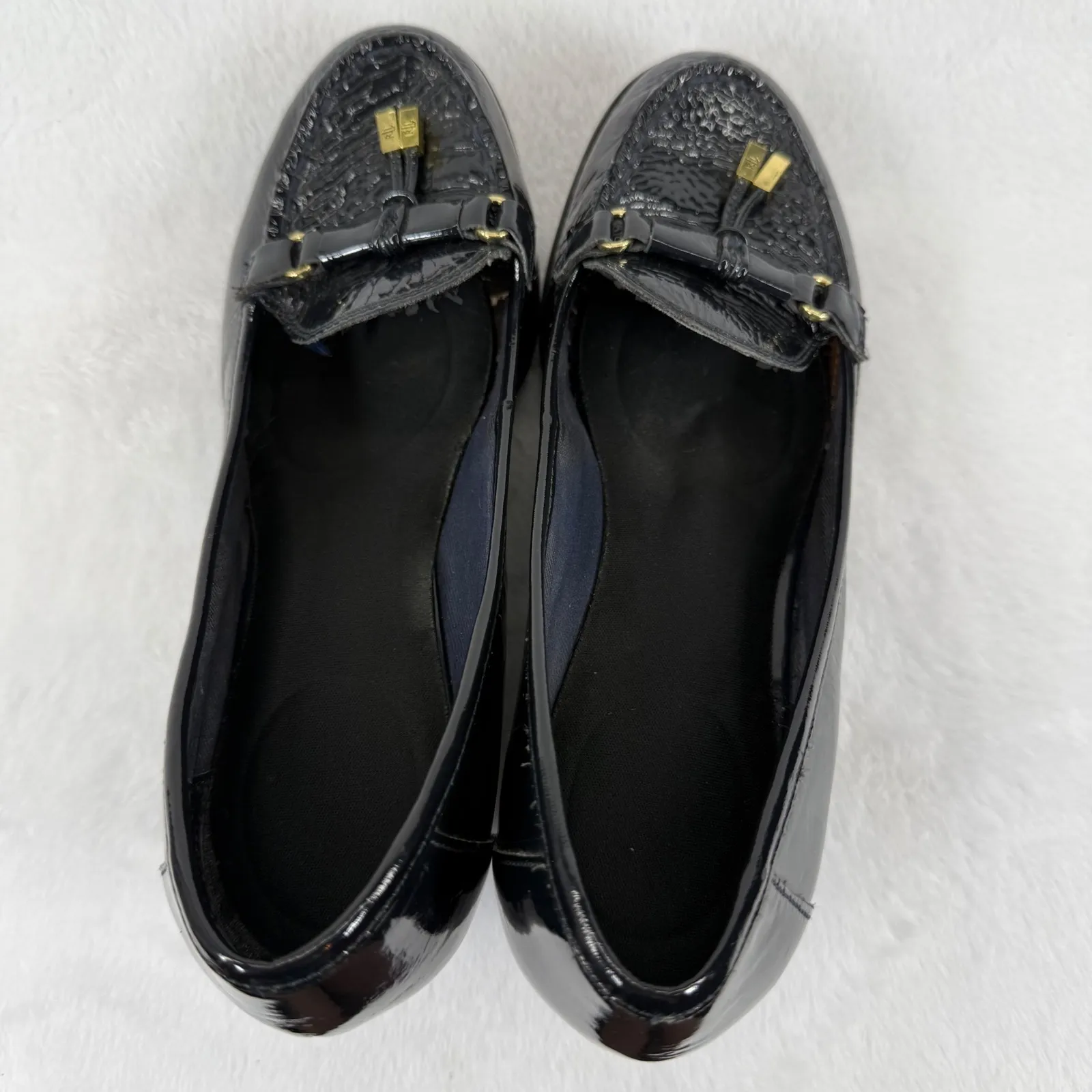 Lauren‎ Ralph Lauren Black Patent Leather Wedge Loafers with Gold Accents 8 READ - Image 7