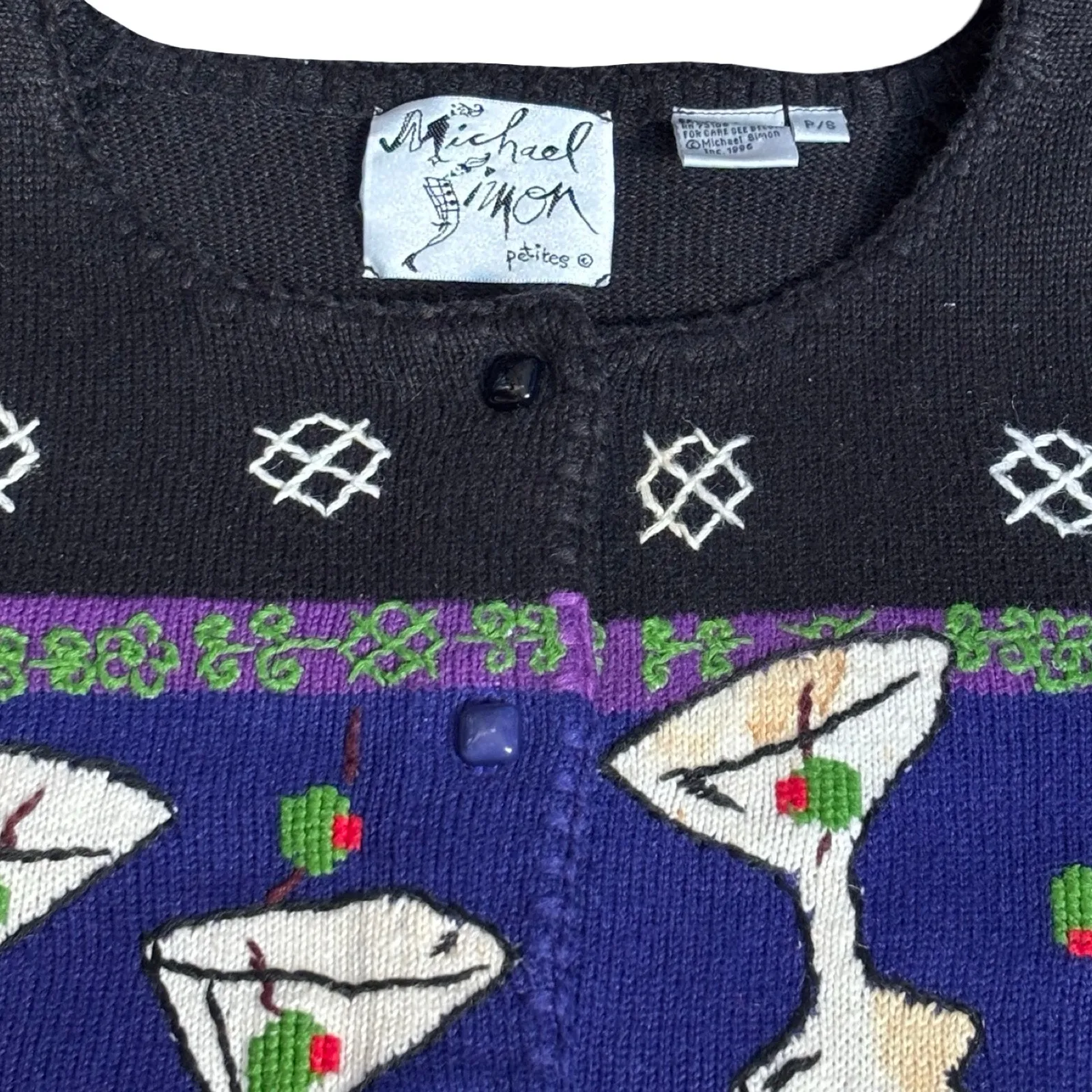 Vintage Michael Simon Martini Knit Cardigan Black Cobalt Novelty Sweater Petite Size undefined - Image 10