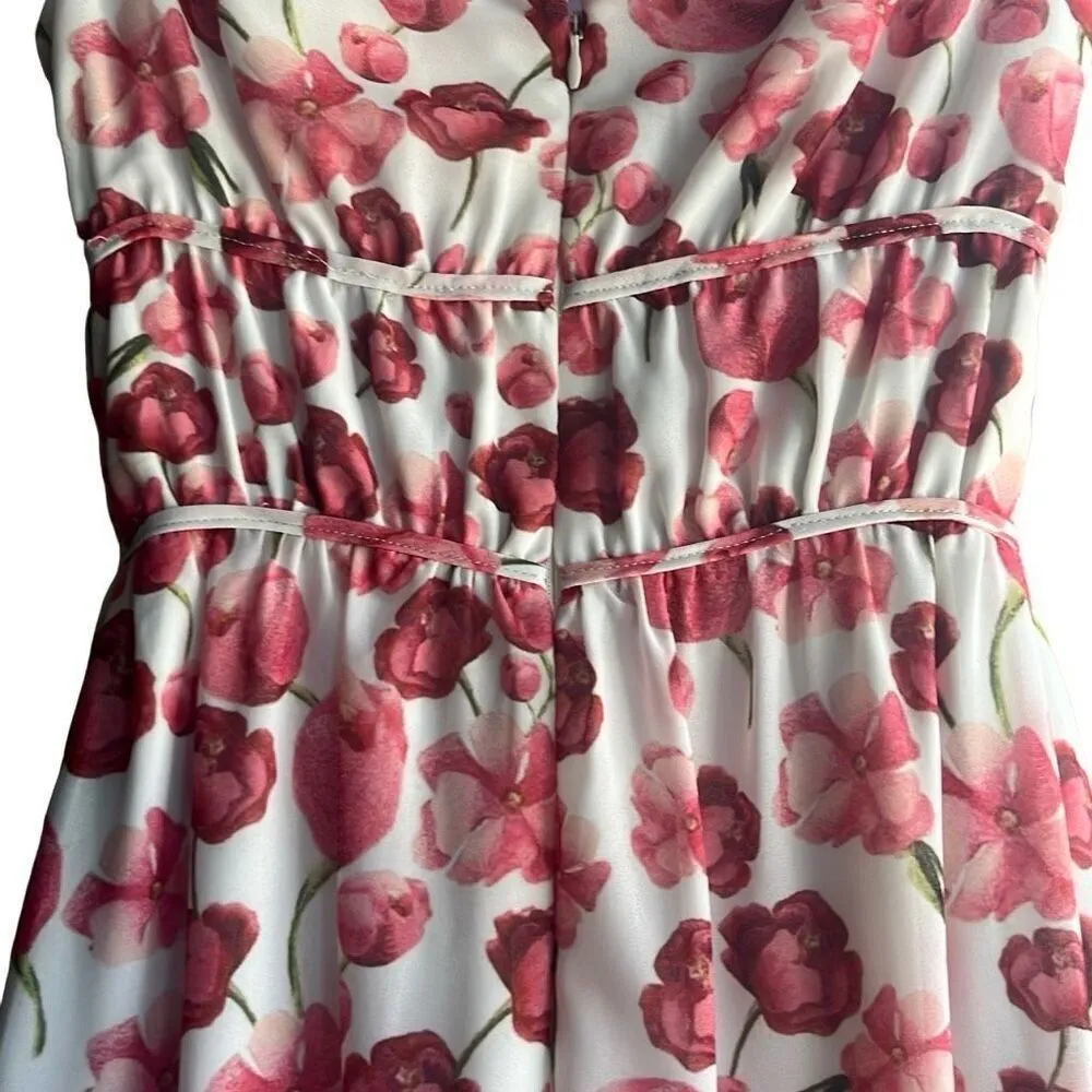 Samantha Sipos Medium Pink Strawberry Floral Front Tie Ruffles Midi Dress Kawaii Pink - Image 7