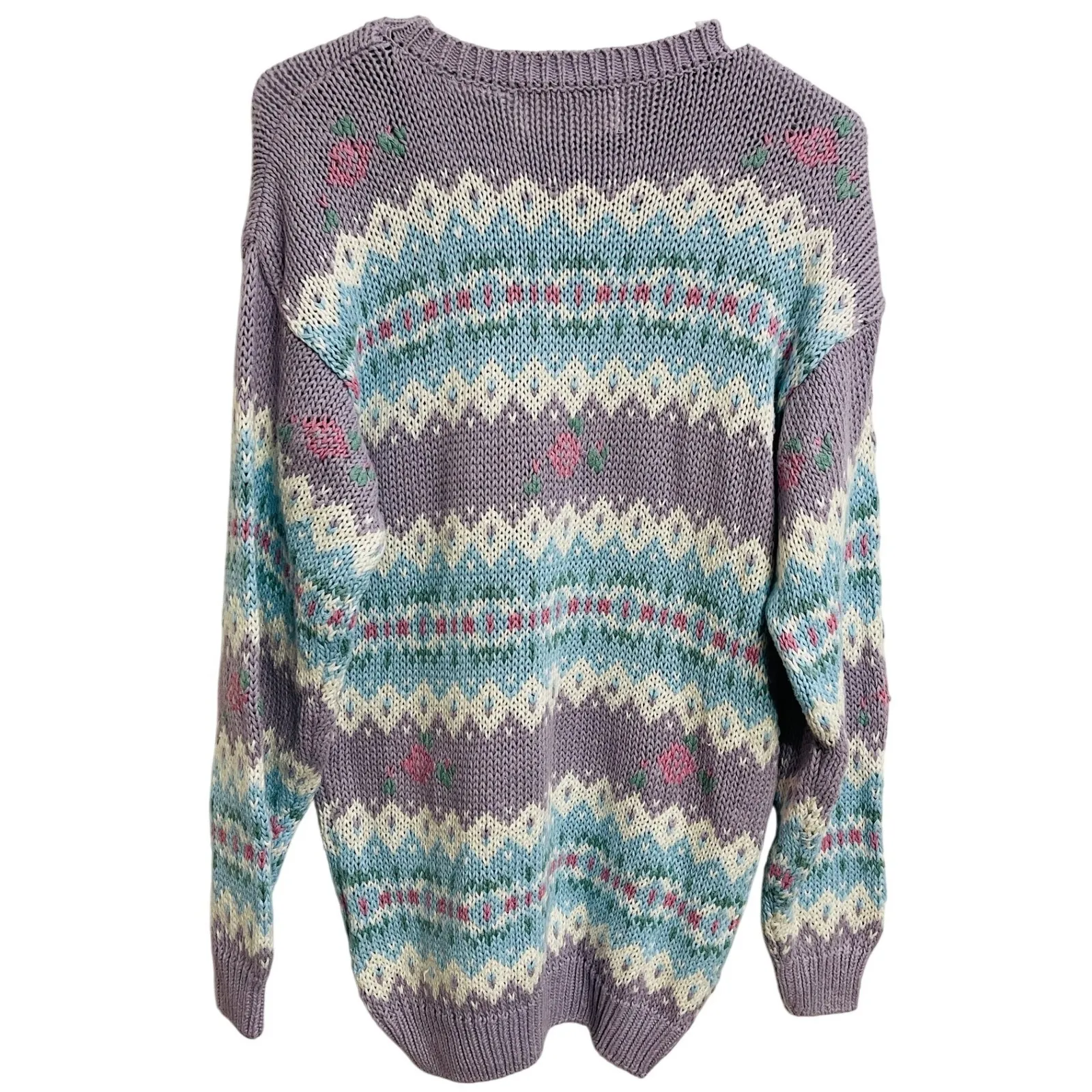 Vintage 90s Mixed Blues Pastel Fair Isle Floral Sweater Cottagecore Grandma M Purple Size M - Image 2