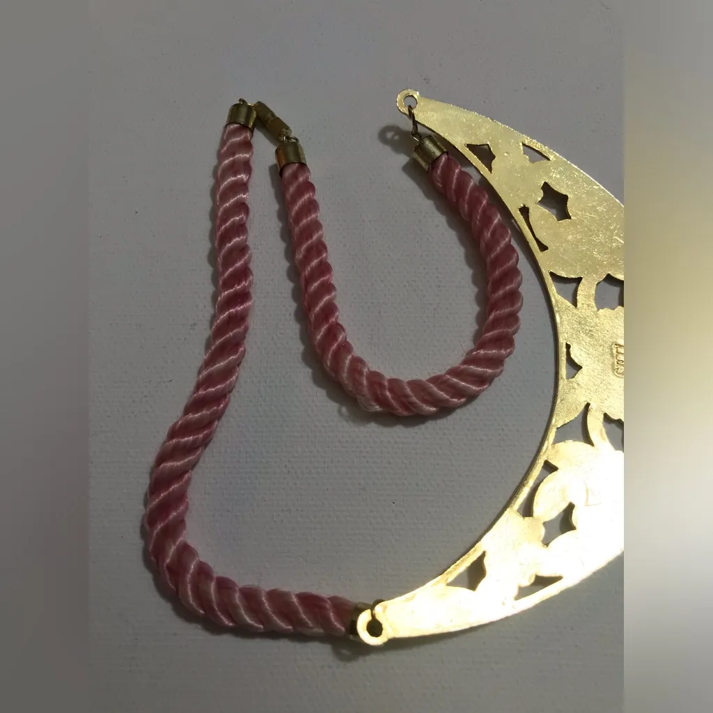 Vintage Cloisonne Pink Blue Floral Necklace Gold Tone On Pink Silk Rope 16 in - Image 7