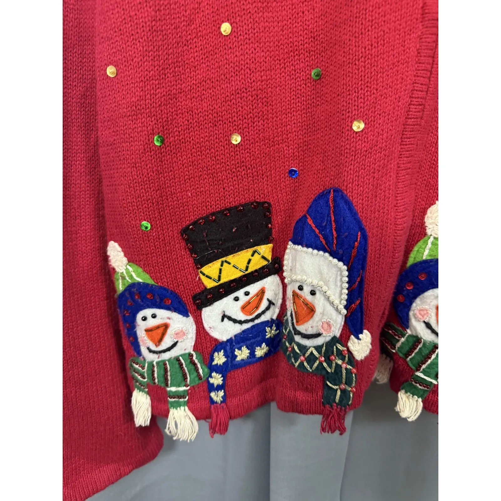 Carolina Colours Sweater Womens Medium Red Snowman Zip Front Holiday Christmas - Image 3