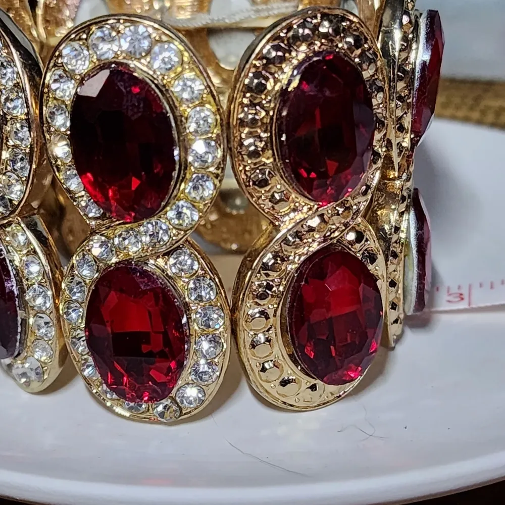 Stretch Statement Bracelet Gold with Red Crystal Stones - Image 2