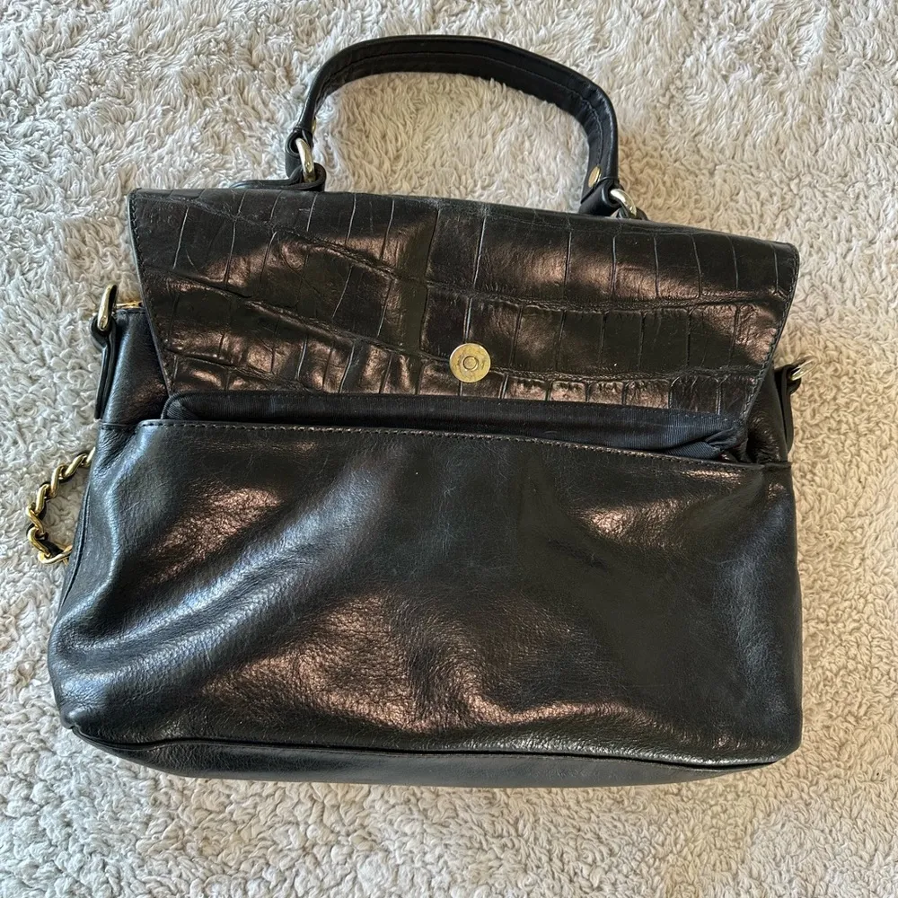 Badgley Mischka Croc Embossed Black Leather Shoulder Bag Gold Chain Link Strap - Image 4