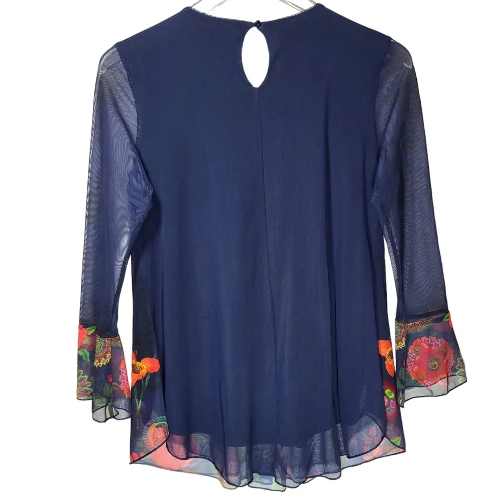 Desigual Rachel Floral Pleated Chiffon Bell Sleeves in Navy/Multicolor - Image 13