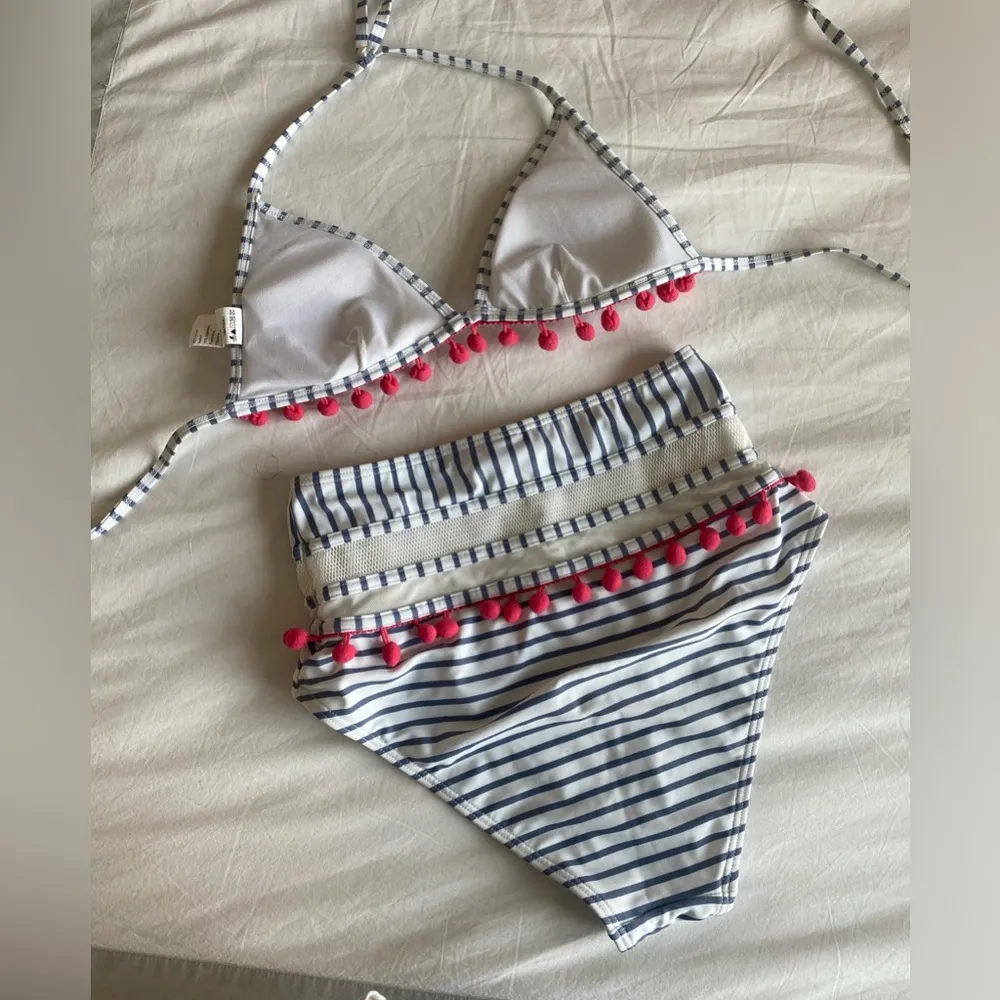 Amazon Mesh Striped High Waist Bikini Set Tassel Trim Top Halter Strap - Image 3