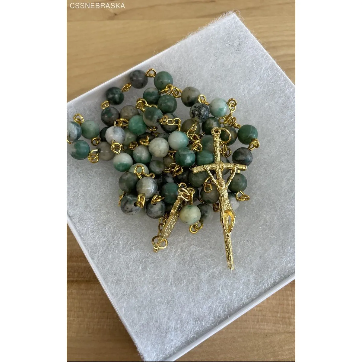 Handcrafted 20" Rosary 6mm Bead of Ching Hai Jade Gold Crucifix, Center, Chain - Image 9