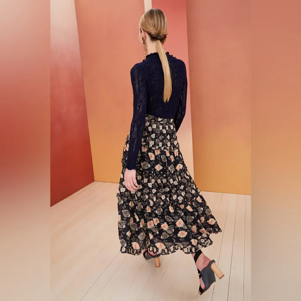 Ulla‎ Johnson Tulia Floral Midi Skirt Noir Floral Print Size 12 Ruffle Layered - Image 3
