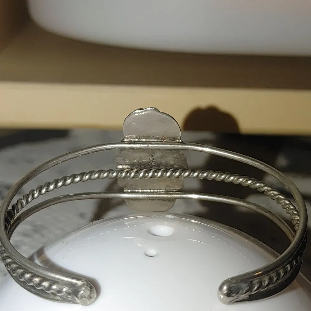 Vintage Silver Tone Cuff Bracelet Ornate Mother Of Pearl Inlay Twisted Rope Desi - Image 9