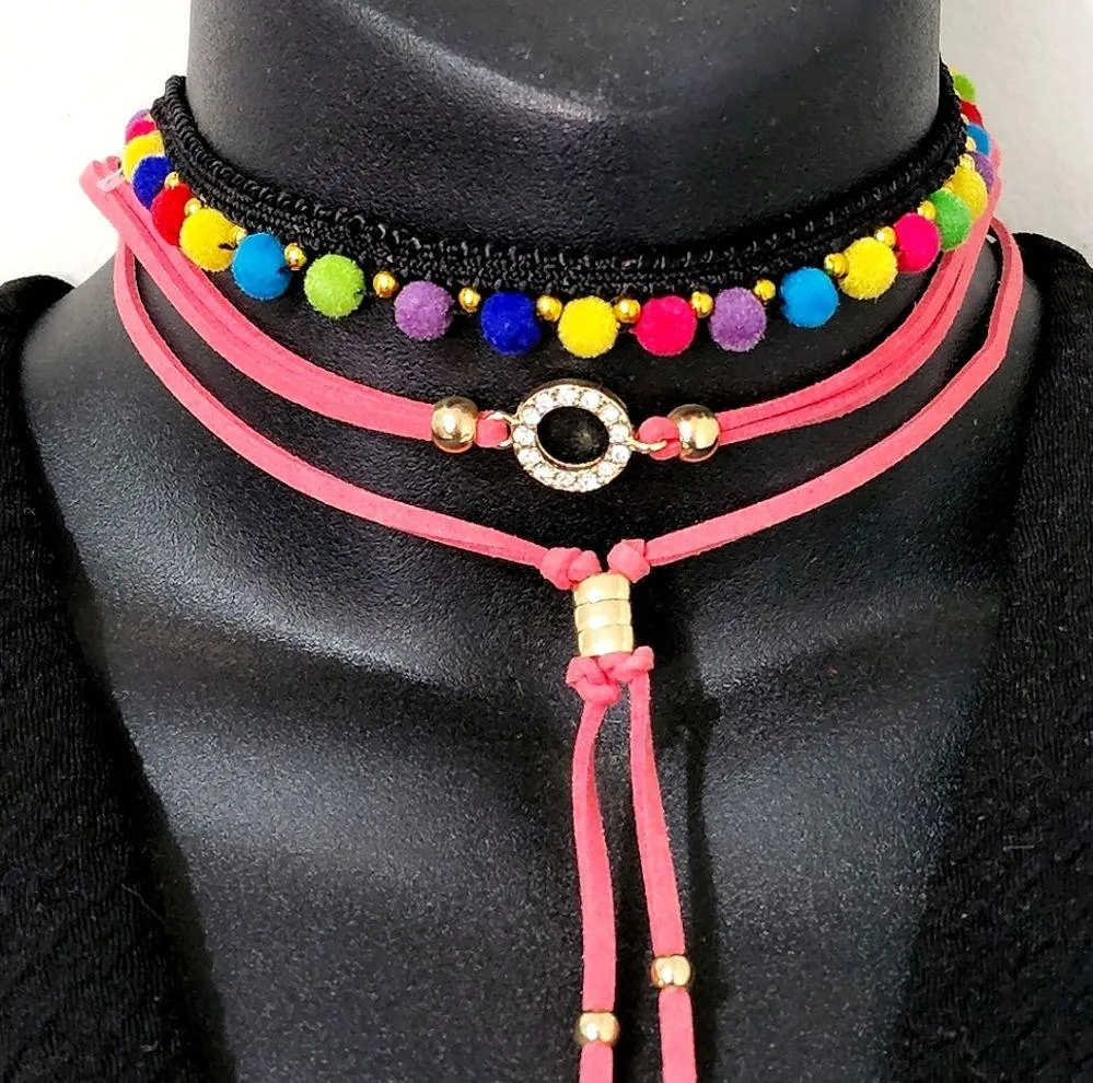 3 Piece Boho Rainbow Pom Pom Choker Necklace Set Pink - Image 2