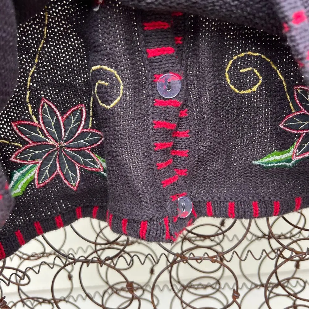 Vintage Y2K Ugly Christmas Red Poinsettia Beaded Embroidered Sweater Vest LARGE Black - Image 5