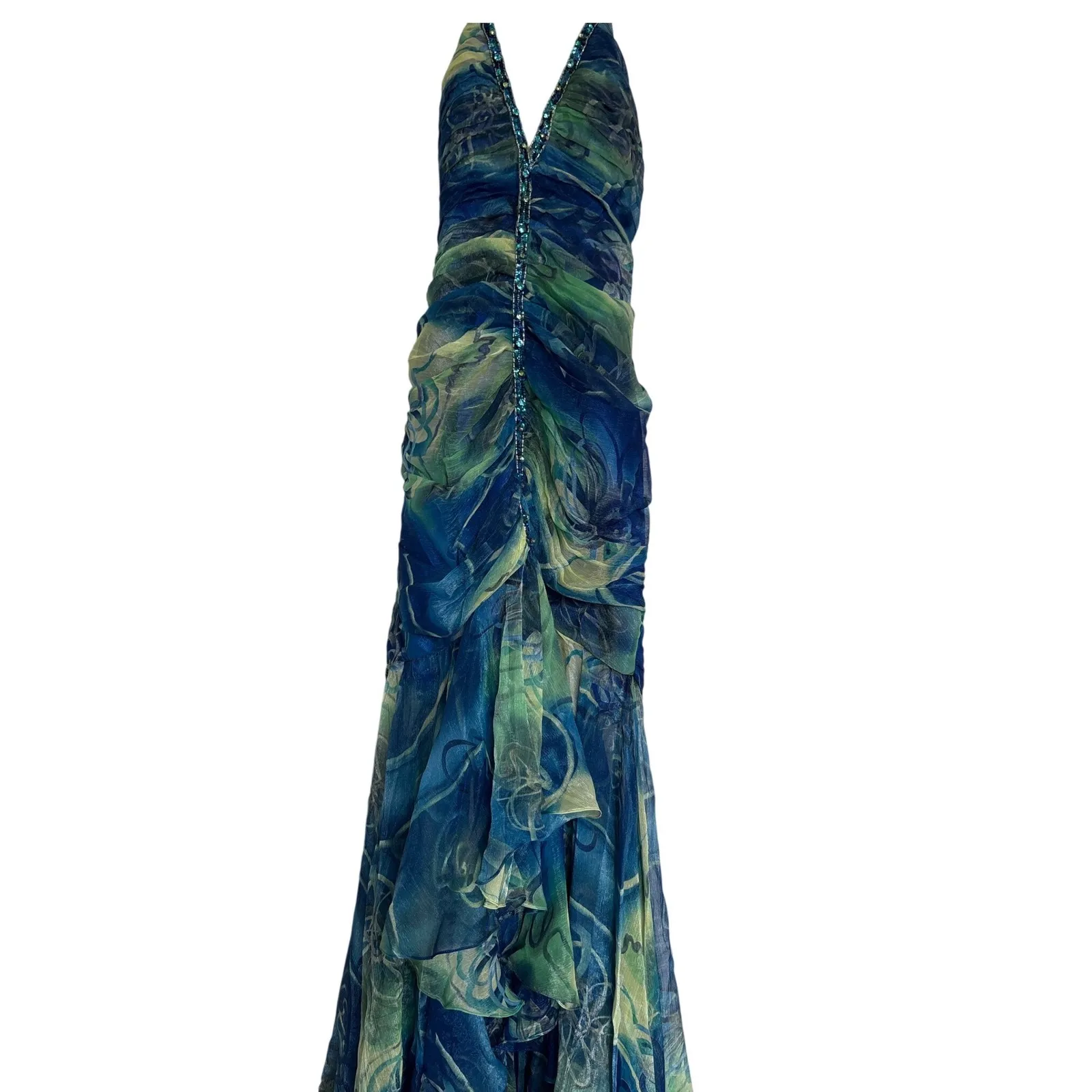 Tiffany Designs Mermaid Chiffon Gown Rhinestone Halter Neck Ruched Ruffle Train - Image 3