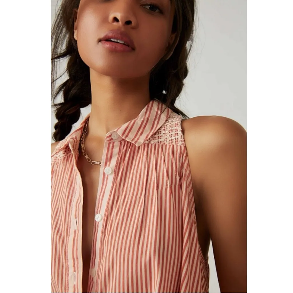 Free People Striped Ruffles Be Real Tunic Dress Rust Size Large Bohemian Preppy - Image 6