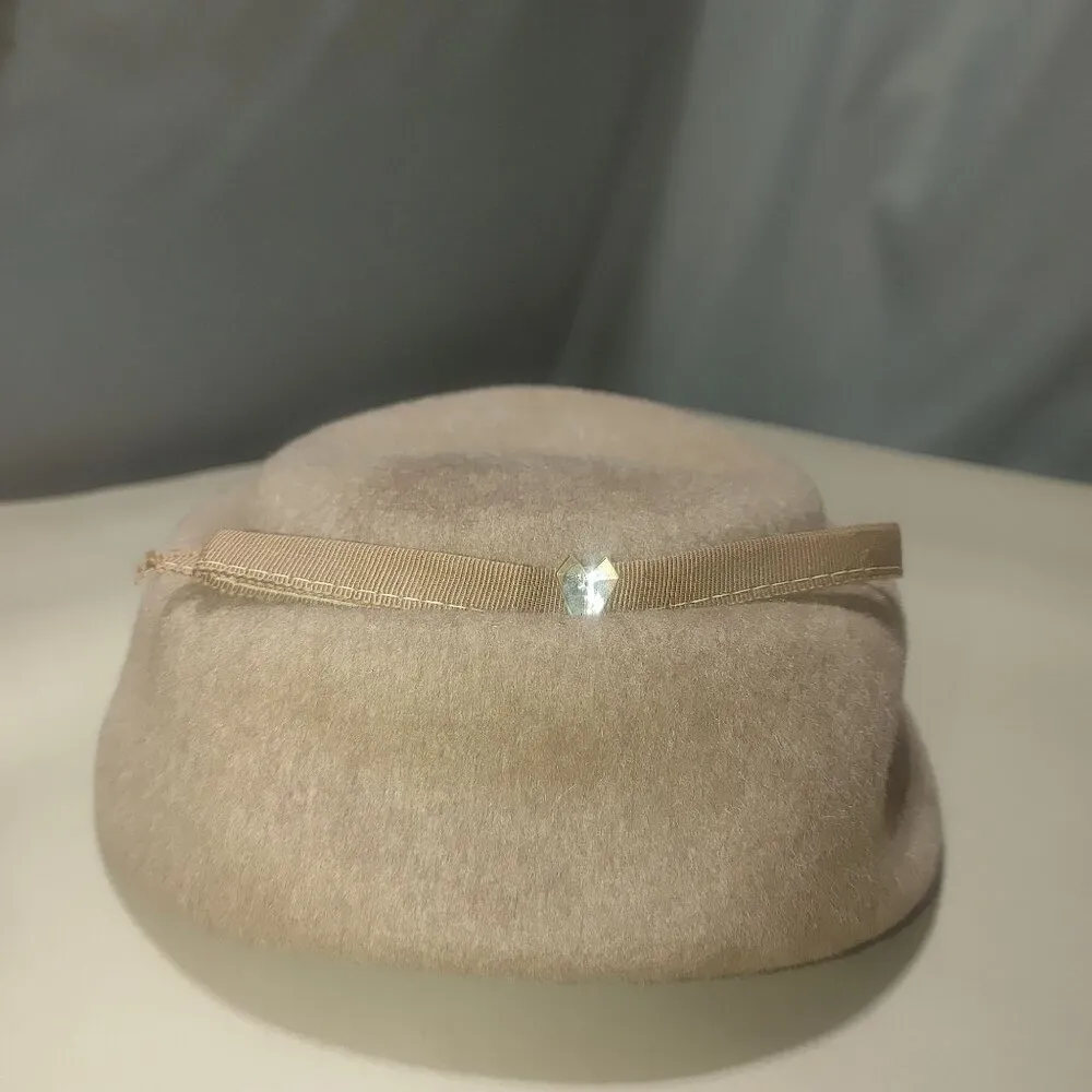 Hat Glenover 100% Wool Beige Brown Vintage Ladies Ribbon Bow Gem Clear Accent - Image 5