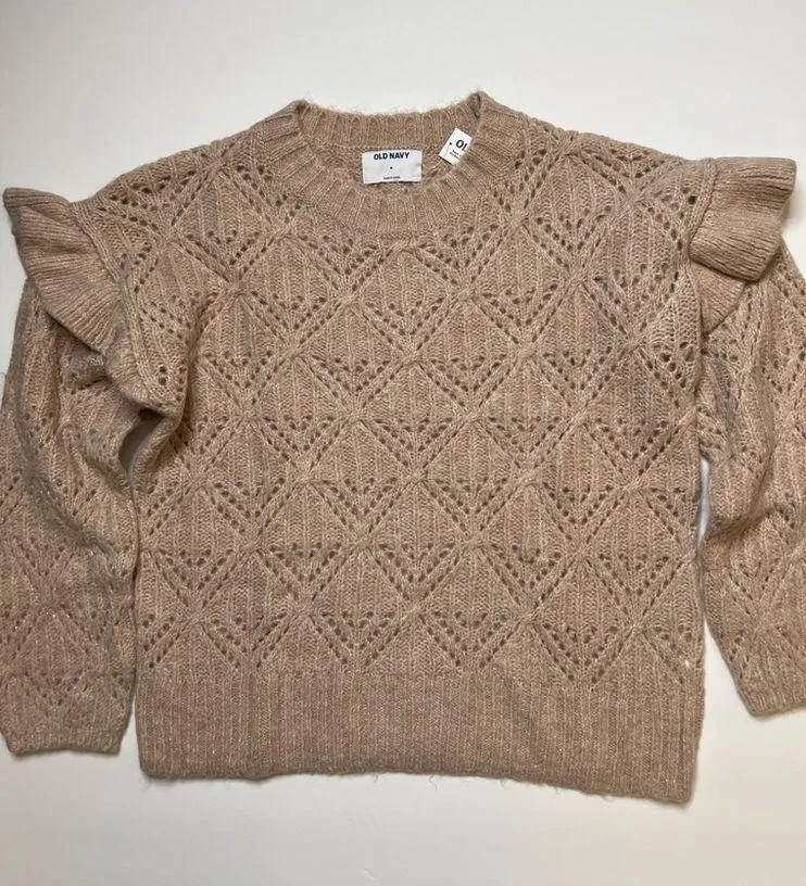 Old Navy Blush Pink Ruffle Trim Metallic Pointelle Knit Sweater Sz M - Image 9
