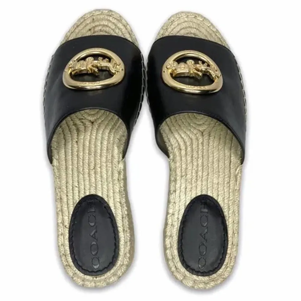 Shoes Coach Camille Espadrille Jute Footbead Black Leather Gold Size 7.5 - Image 2