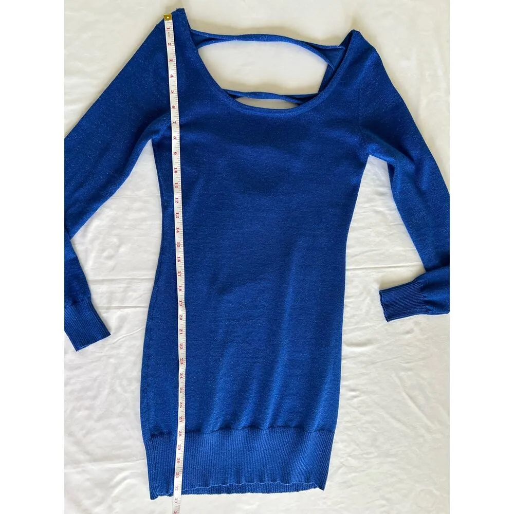 Body Central Cobalt Blue Sweater Open Back Metallic Long Sleeve Dress Size Small - Image 7