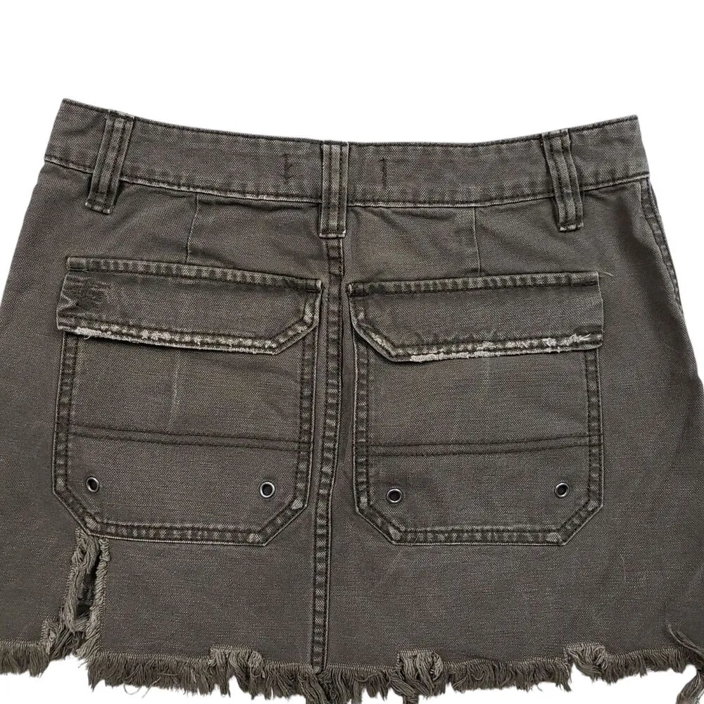 Free People Cargo Skirt Womens 25 Military Green Distressed Denim Fringe Y2K - Image 9