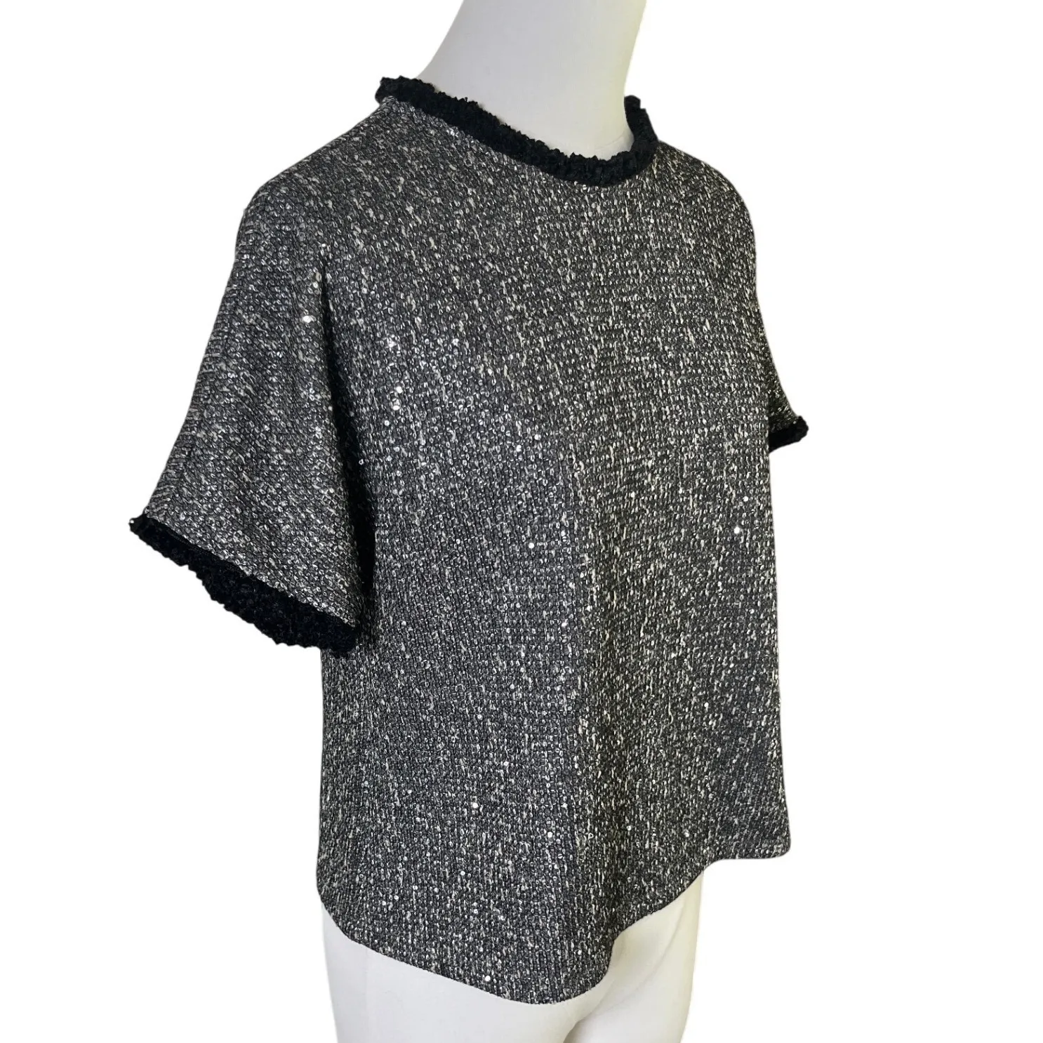 Waverly Grey Tweed Metallic Black Silver Top XS Short Sleeve Citycore‎ Gray - Image 11