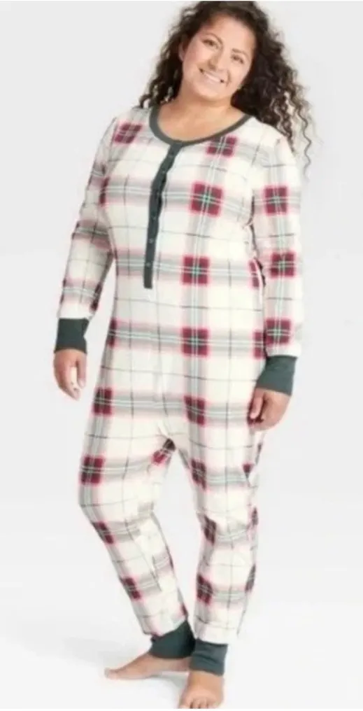 Hearth & Hand Magnolia Holiday Plaid One Piece Union Suit Snap Button Size Large Green - Image 1