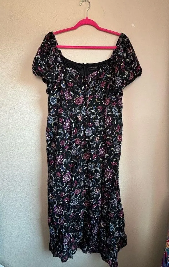 Lane Bryant Black Metallic Floral Bubble Sleeve Tie Neck Tiered Midi Dress 20 - Image 4