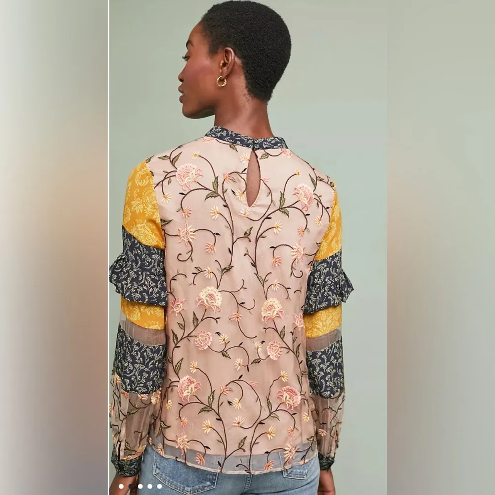 Anthropologie Let me be love actually boho embroidered silk blouse Size L - Image 3