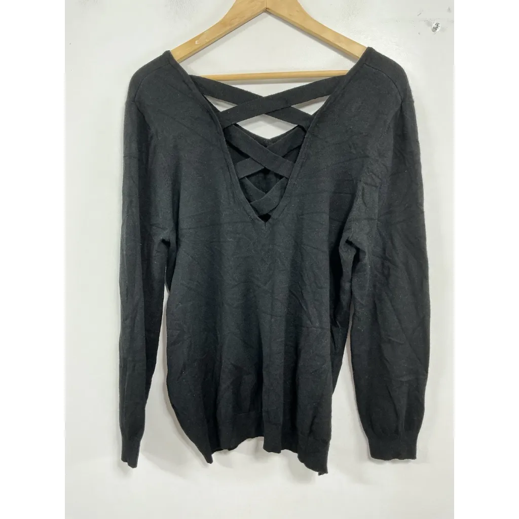 Womans Love Ellie Long Sleeve Pullover Sweater Large Black V Neck Criss Cross - Image 2