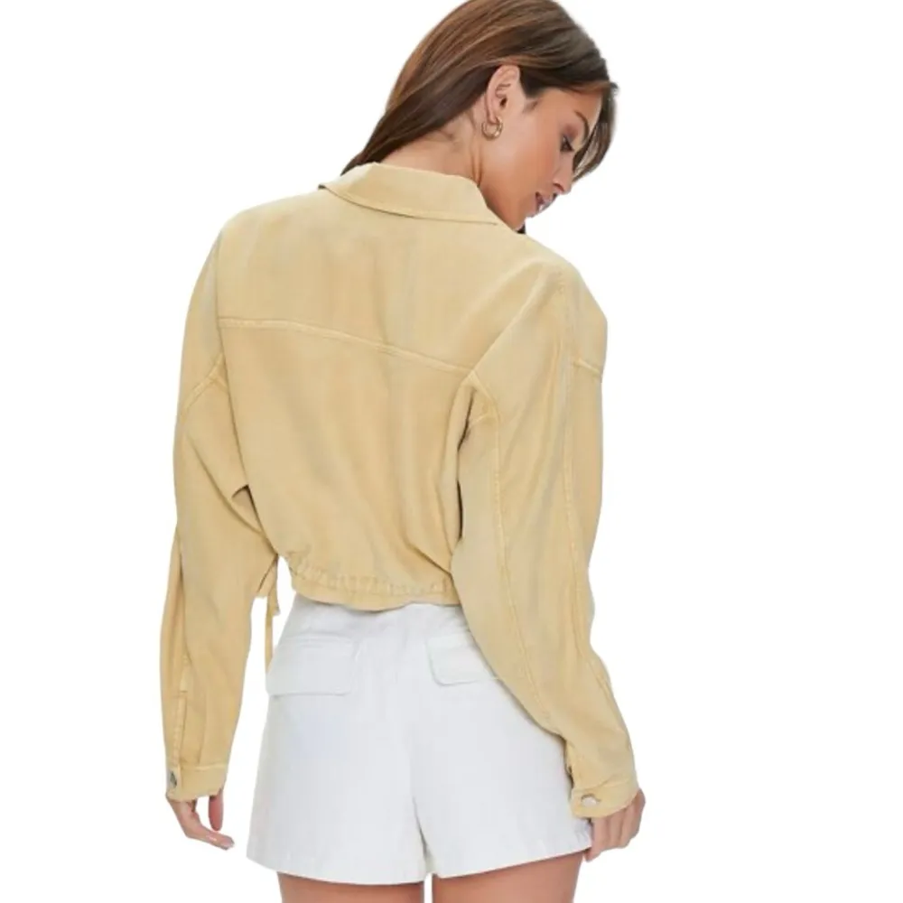Forever 21 Cropped Drawstring Twill Jacket Size M Button Front Light Yellow - Image 2