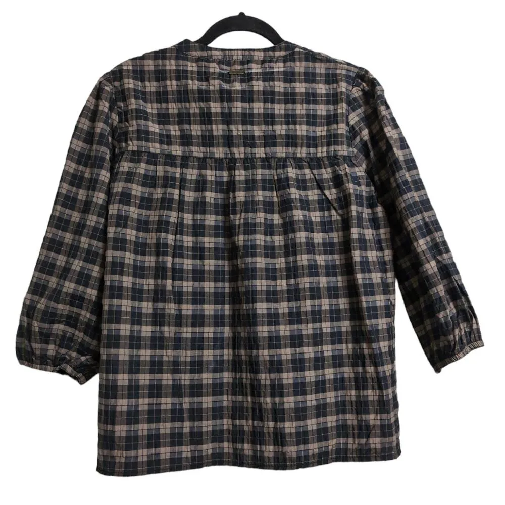 Barbour Lorelie Top Praline Plaid V-neck Seersucker Puff Sleeves 12 New - Image 5