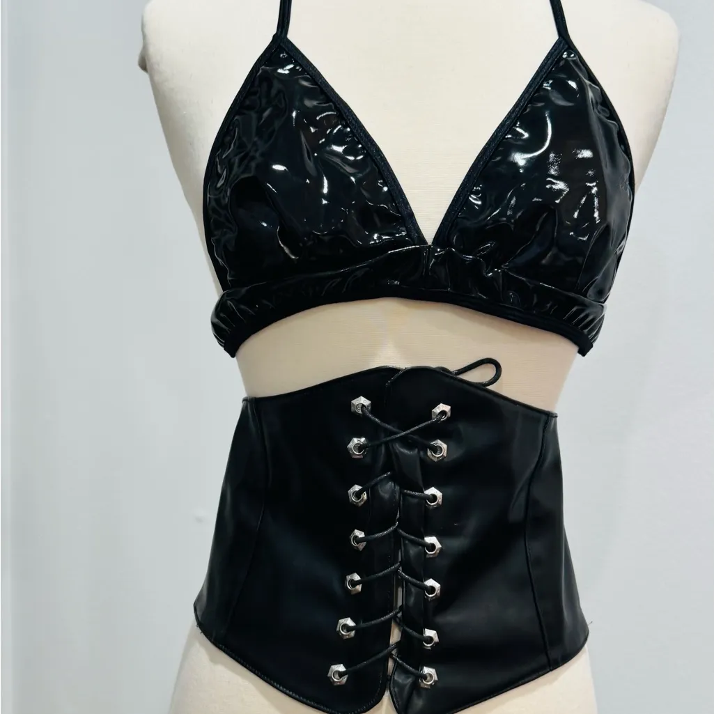 Black Vinyl Halter Bikini Top & Black Faux Leather Lace-up Corset - Image 5