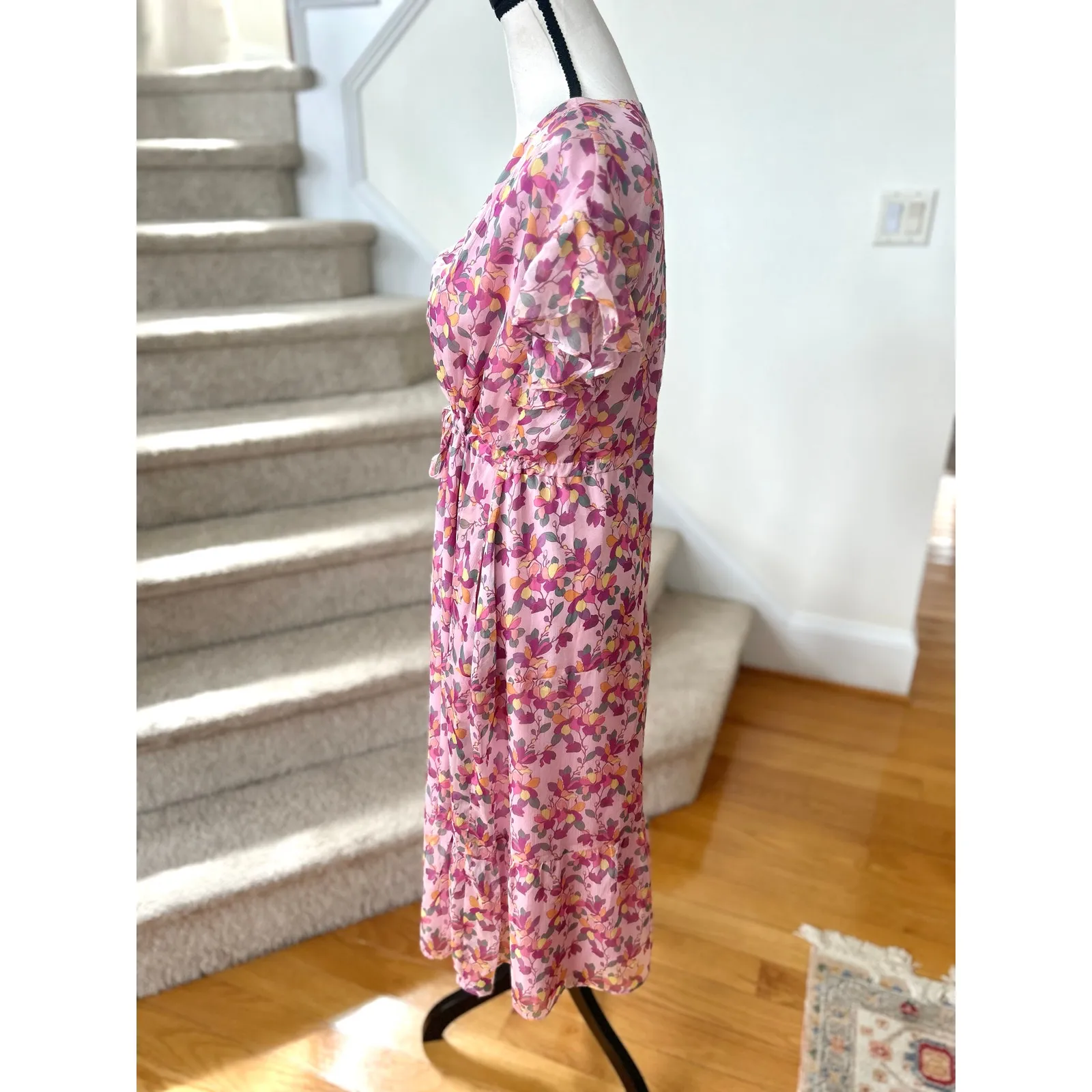 Amanda Uprichard Pegasus Pink Floral Short Sleeve Blouson Midi Dress - Image 3