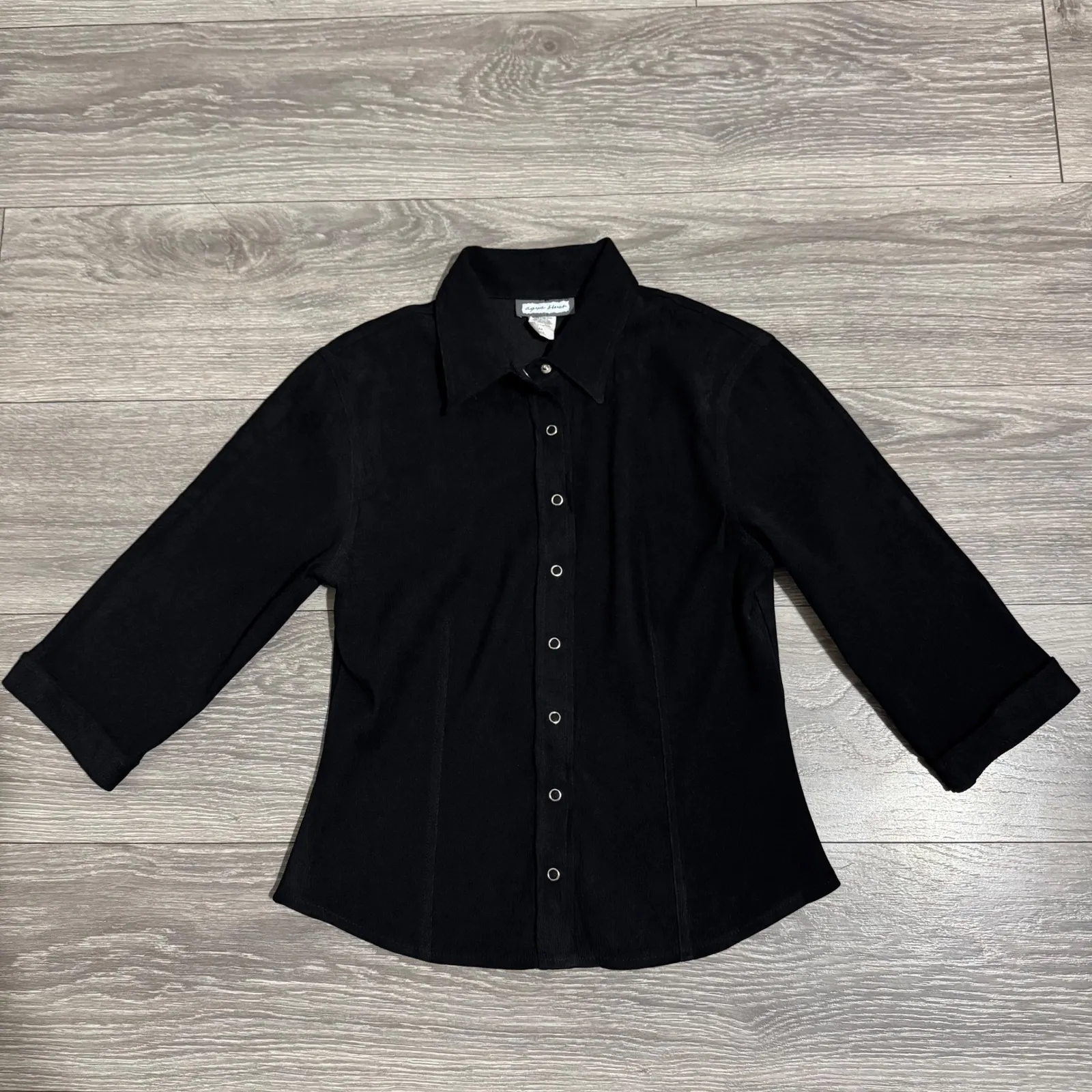 Aqua Blues Black Corduroy Button Up Collared 3/4 Sleeve Career Shirt Womens M Size M - Image 7