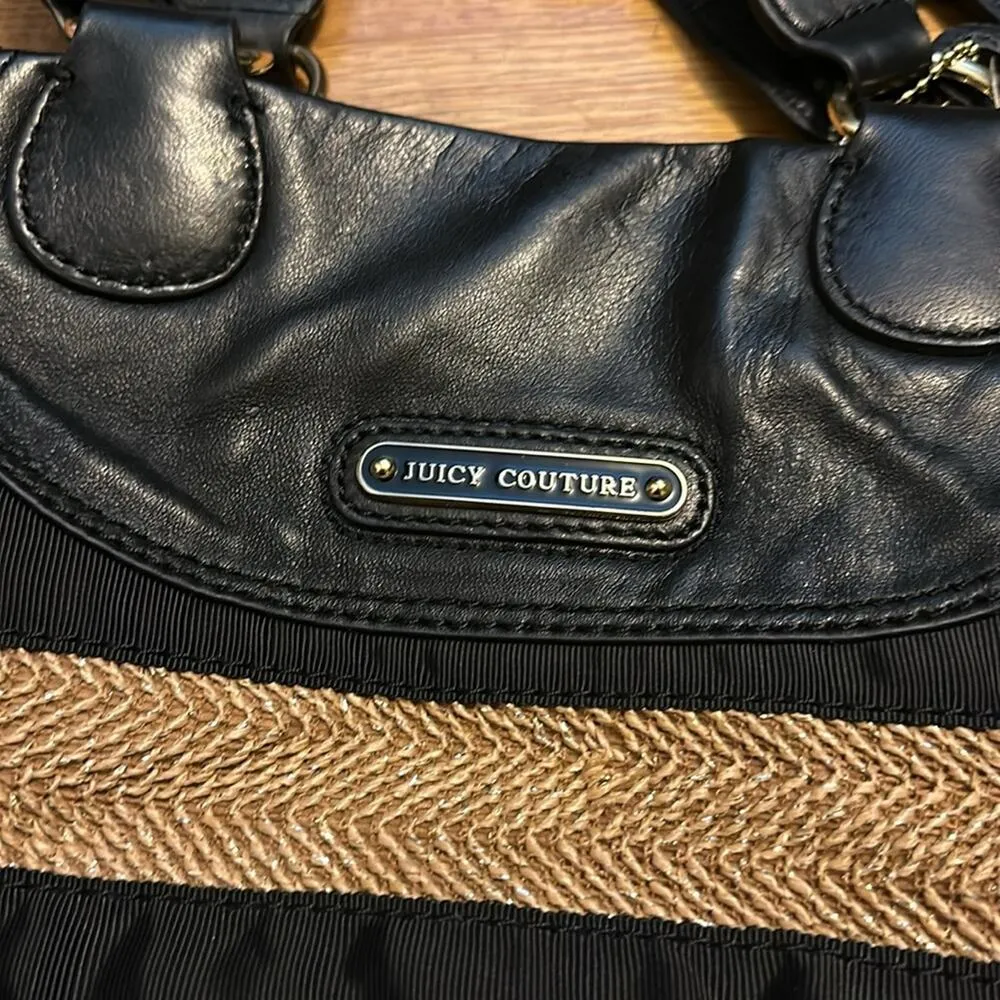 Juicy Couture Daydreamer Black Faux Leather Tan Straw Striped Tote Purse Earthy - Image 5