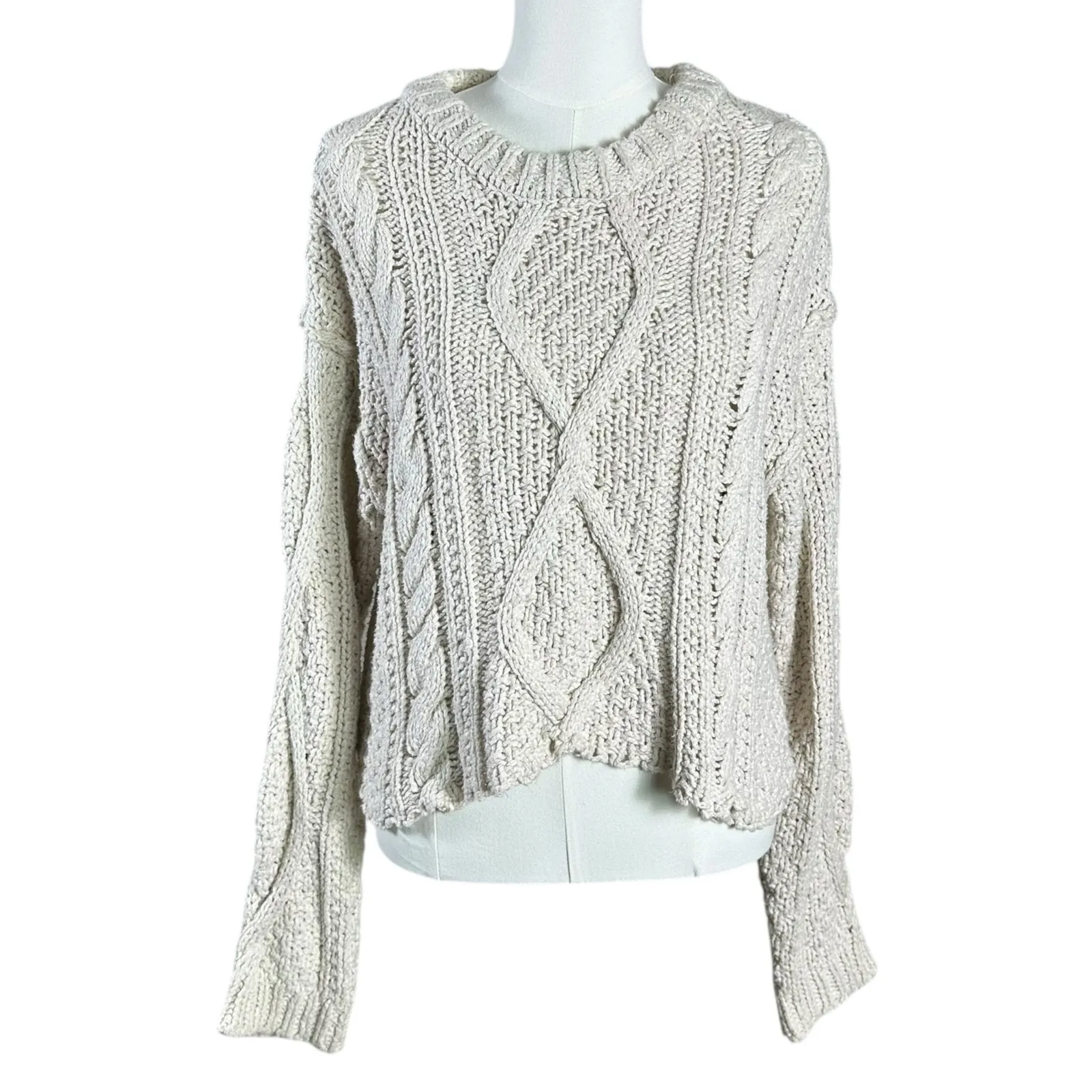 Free People Neutral Cable Knit Chunky Cutting Edge Cable Pullover Sweater Large - Image 7
