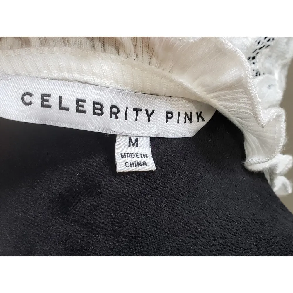 Celebrity Pink Top Blouse Women's Medium White Lace Up Ribbed Long Sleeve - Image 2