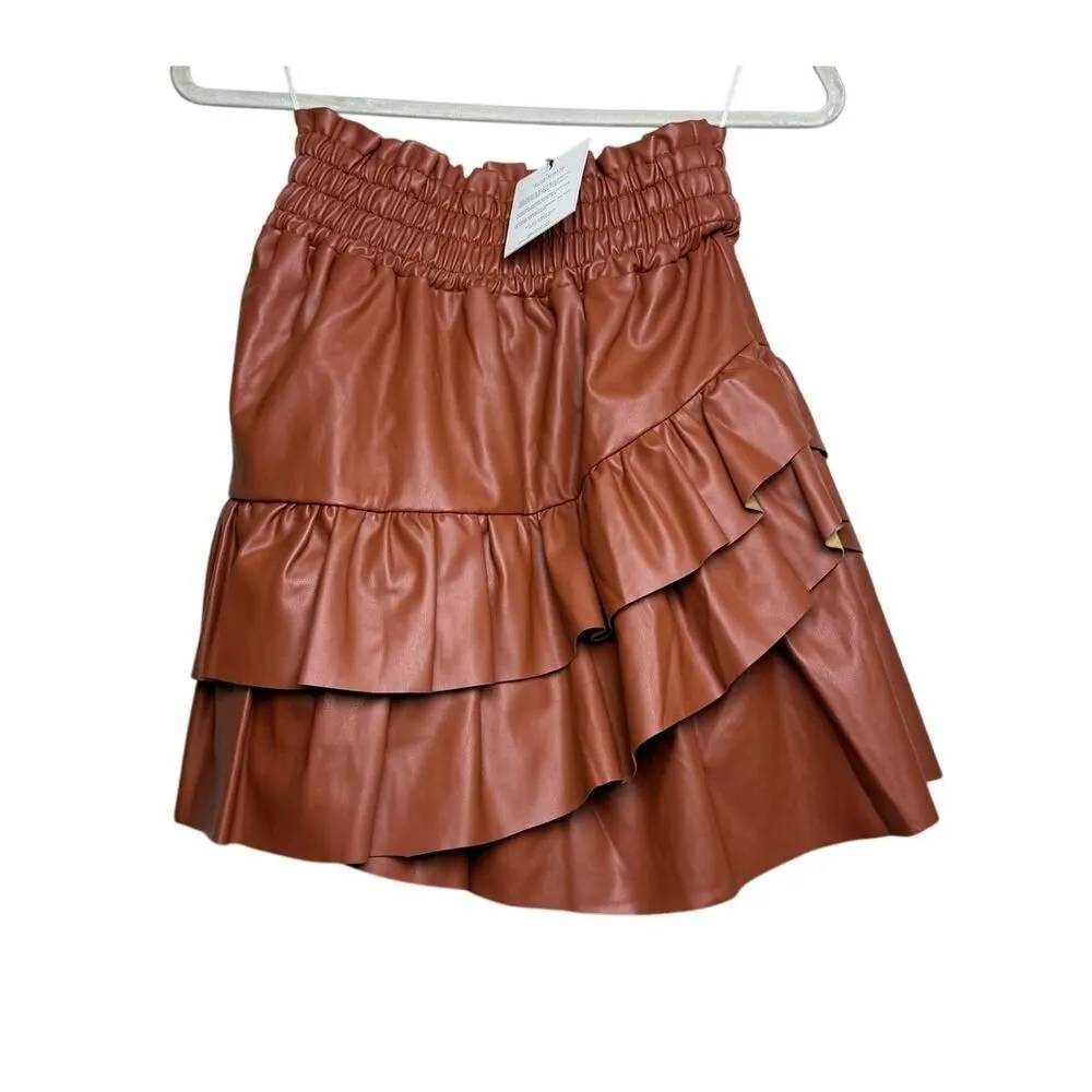 Rochelle Behrens Mini Skirt in Cognac Vegan Leather NWT Sz. S Brown - Image 3