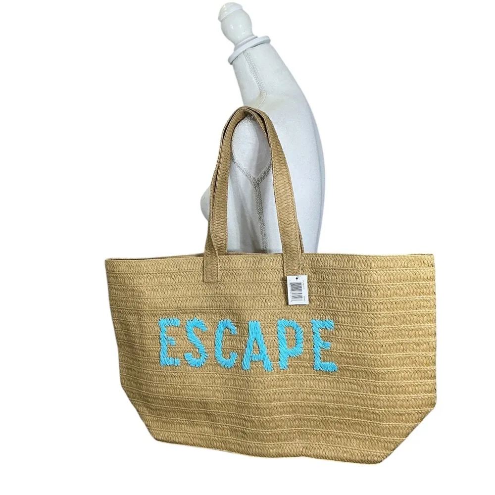 Oversized Straw Tote Escape Beach Weekend Bag Sand Tan Teal Blue Large 23 Inch - Image 5