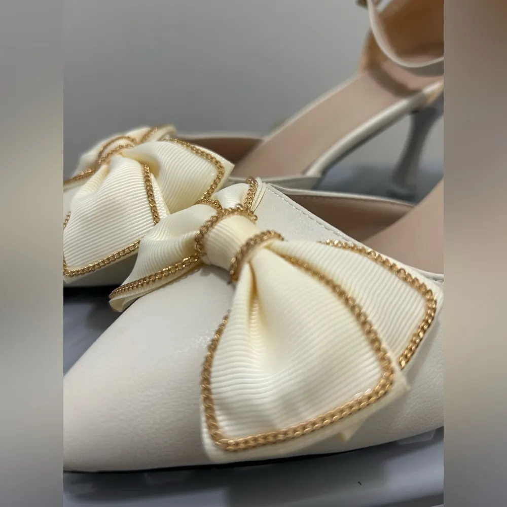 Pointed Shoes Bow Knot Apricot Single Tie Women Dress Shoes Size 7 - Image 6